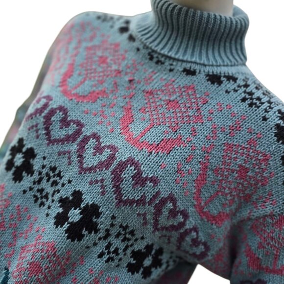 Vintage 80's  90's PARIS SPORTS CLUB Heart Pattern Turtleneck Sweater sz S - Picture 2 of 5